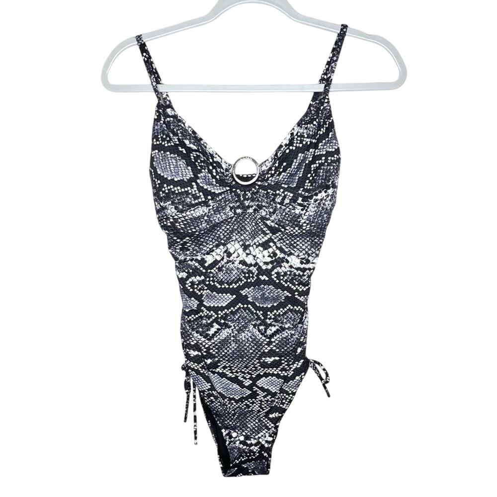 Michael Kors Snake Print One Piece Swimsuit 4 Silver O-Ring Ruched Plunge V Neck